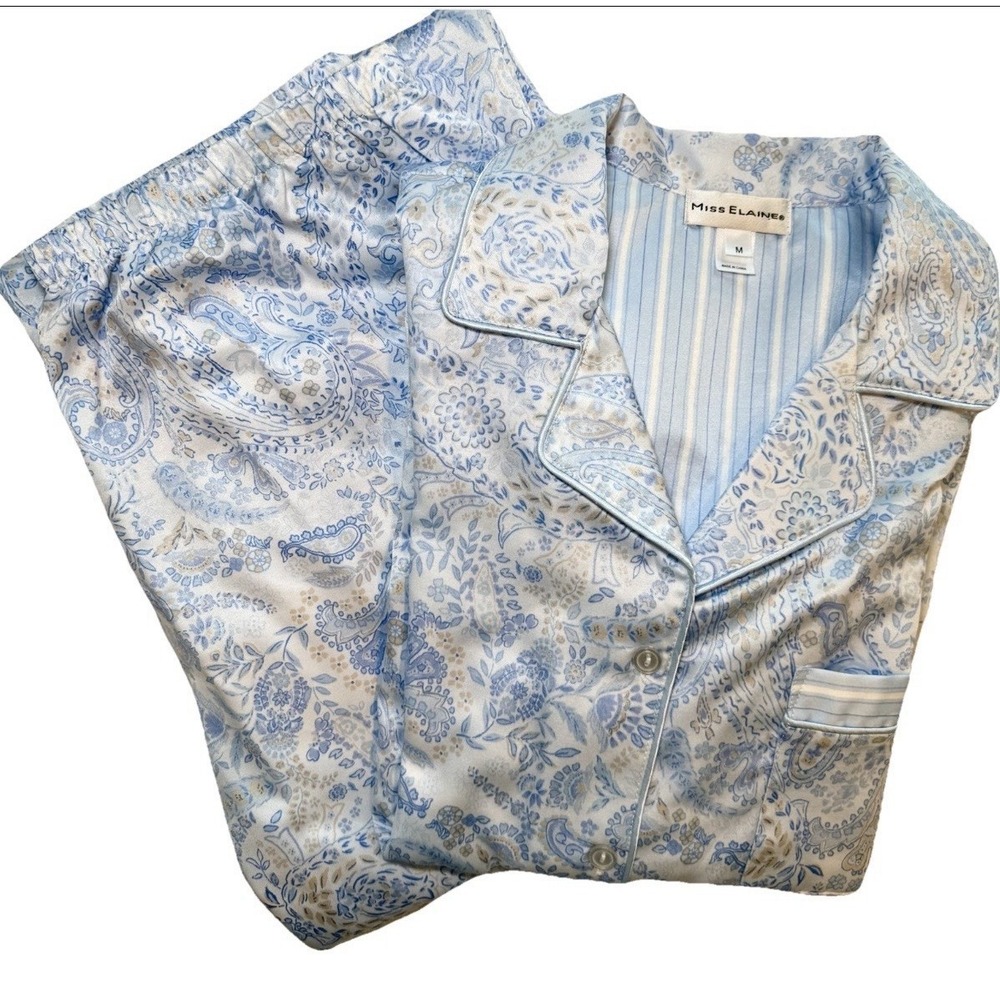 Miss Elaine Pajama Set Medium Blue Paisley Button Front Top Pants Sleepwear